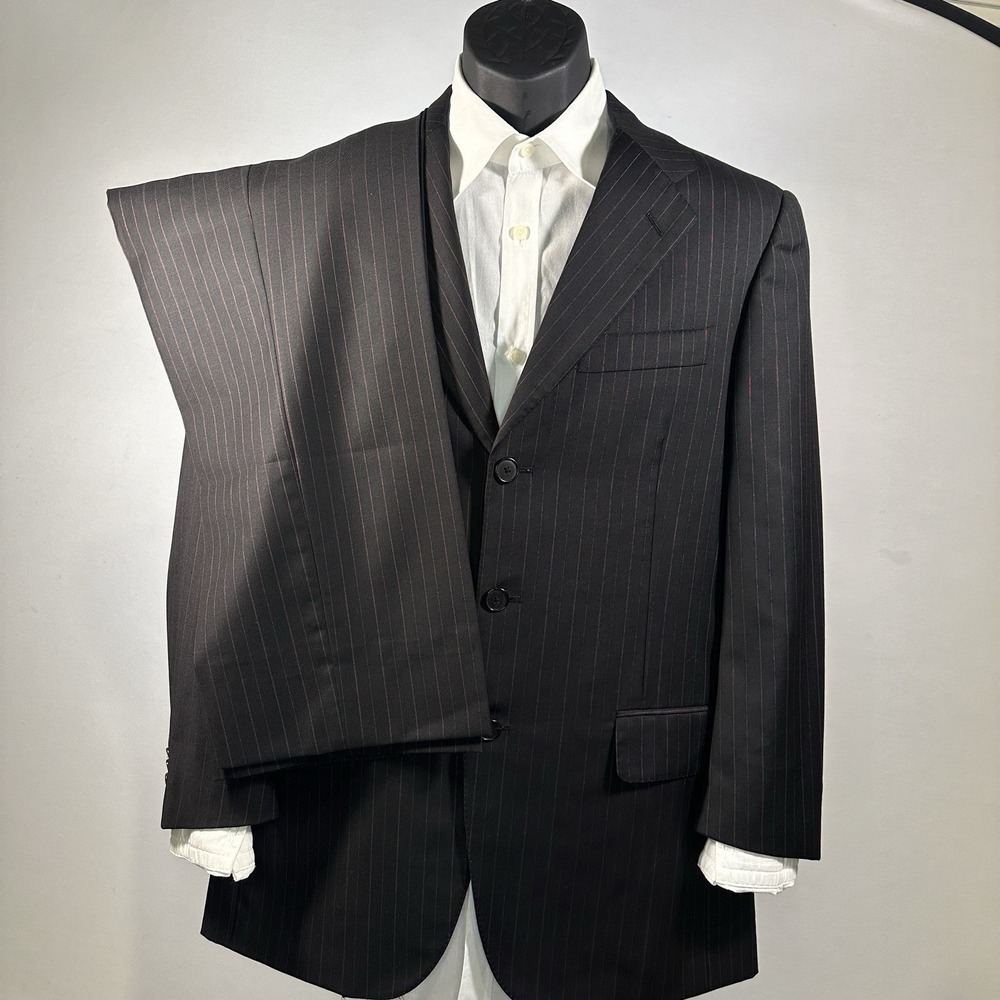 Belvest Suit 2 Pc 38R Black Pinstripe 32 Wool Super 150 Italy Handmade PN546
